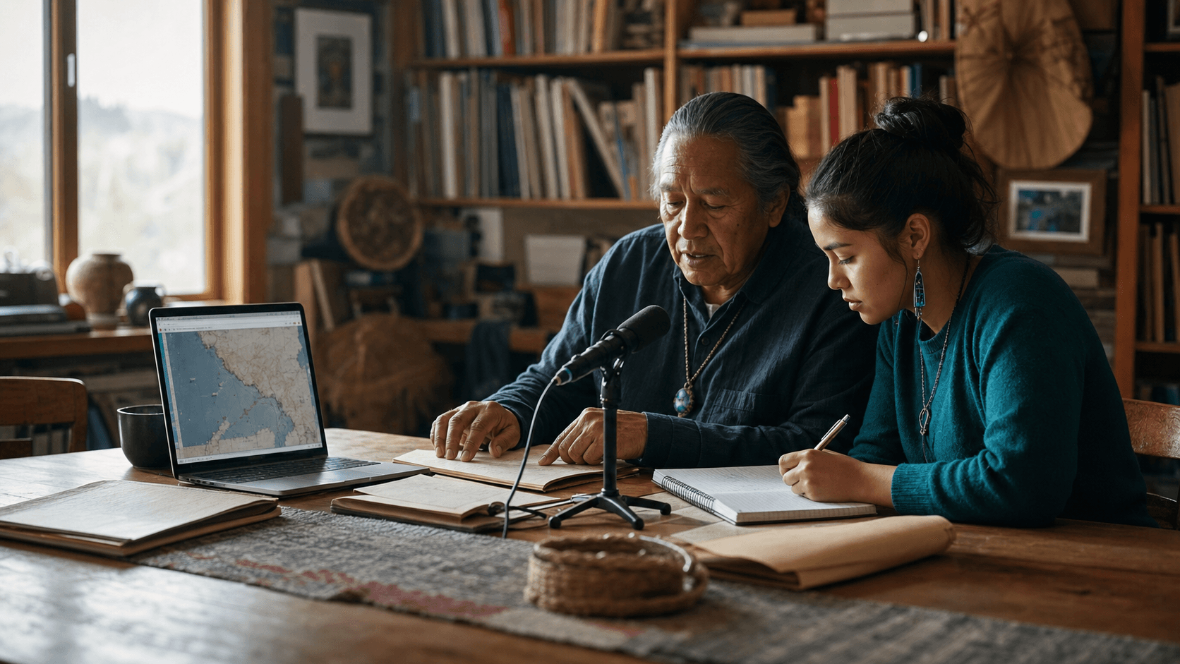 An elder speaker and student documenting language at an archive table
